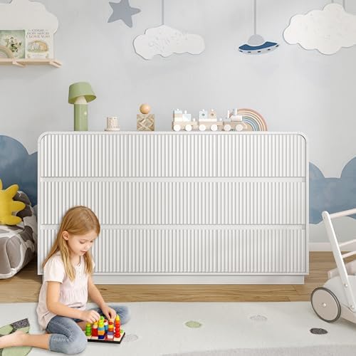BORNOON Dresser for Bedroom with 9 Drawers, Fluted Chest of Drawers with Round Curved Corner, Hidden Handles, Modern Wood Storage Organizer for Bedroom, Nursery, Living Room - Image 7