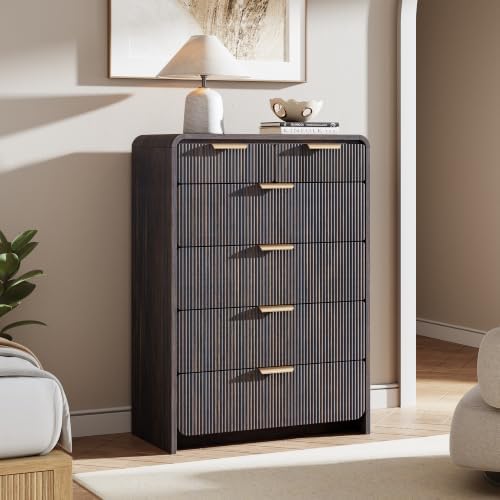 44" Tall 6 Drawers Fluted Dresser for Bedroom, Living Room, Black Walnut - Image 6