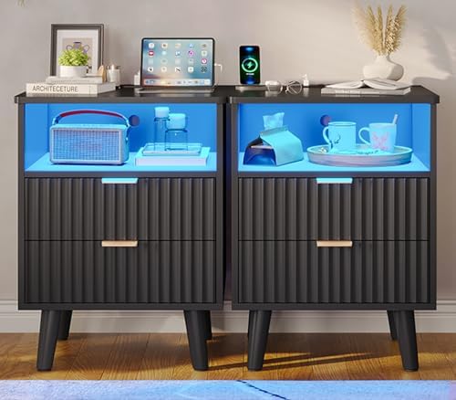 VIAGDO Fluted Nightstand Set of 2 with Charging Station and LED Lights, Modern Night Stand Set 2 with 2 Drawers and Open Storage Cabinet, Bed Side Tables with Gold Metal Handle for Bedroom, Black by VIAGDO