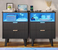 VIAGDO Fluted Nightstand Set of 2 with Charging Station and LED Lights, Modern Night Stand Set 2 with 2 Drawers and Open Storage Cabinet, Bed Side Tables with Gold Metal Handle for Bedroom, Black by VIAGDO