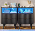 VIAGDO Fluted Nightstand Set of 2 with Charging Station and LED Lights, Modern Night Stand Set 2 with 2 Drawers and Open Storage Cabinet, Bed Side Tables with Gold Metal Handle for Bedroom, Black by VIAGDO
