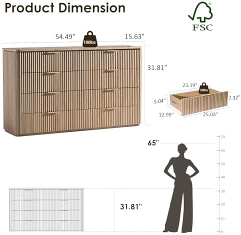 Fluted 8 Drawer Dresser for Bedroom, 54"W Wooden Dressers & Chest of Drawer - Image 2