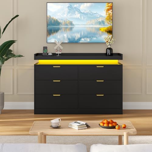 knoworld 6 Drawer Dresser for Bedroom, Black Dresser with LED Lights and Power Outlet, Large Wooden Dressers Modern Chest of Drawers, Double Wide 6 Drawer Dressers for Bedroom, Entryway, Hallway - Image 6