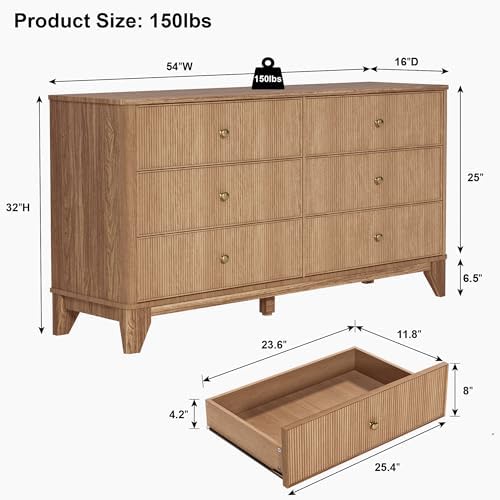 INNOD Fluted 6 Drawers Dresser, 54" Wide Modern Chest of Drawers with Round Corners, Wooden Dresser TV Stand, Wood Drawer Organizer for Bedroom, Living Room, Hallway - Image 2