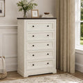 LOUVIXA Farmhouse Dresser 5 Drawer, Bedroom Chest of Drawers, Dressers with 5 Drawers, Wooden Dressers for Bedroom, Living Room, Tv Stand, Entryway(Off White-Brown) by LOUVIXA