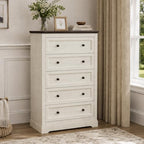 LOUVIXA Farmhouse Dresser 5 Drawer, Bedroom Chest of Drawers, Dressers with 5 Drawers, Wooden Dressers for Bedroom, Living Room, Tv Stand, Entryway(Off White-Brown) by LOUVIXA