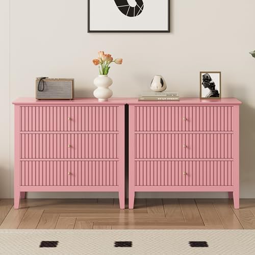 RoyalCraft 32" Large Nightstand Set of 2, Fluted Painted Wood Dresser with 3 Spacious Drawers, Modern Bedside Table for Bedroom, Living Room, Pink by Bringyoubetterlife