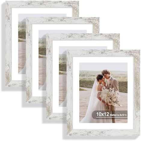 Hongkee 10x12 Picture Frame Set of 4, Made of Real Glass and Distressed White Frame - Display Picture 8x10 with Mat or 10x12 Without Mat, 10 by 12 Photo for Wall Mounting by Hongkee