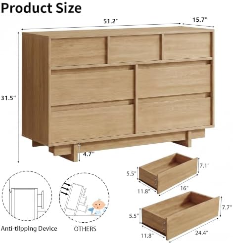 HOUROM Oak Dresser for Bedroom, 51in Modern 7 Drawer Chest of Drawers - Image 2