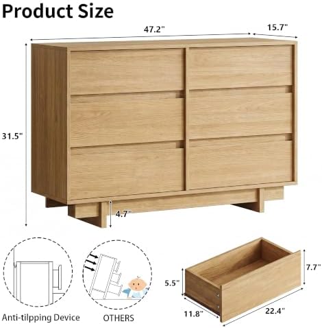 HOUROM Oak Dresser for Bedroom, 47in Modern 6 Drawer Chest of Drawers - Image 2