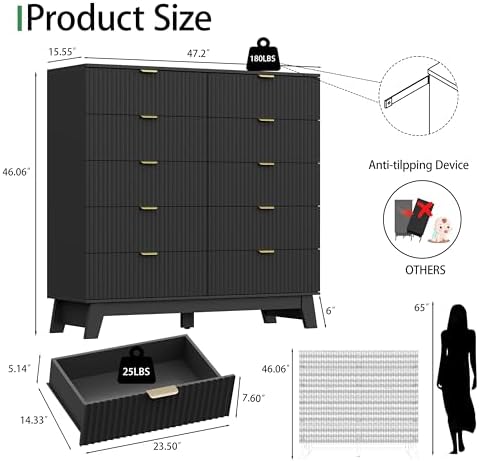Xixini Fluted Dresser for Bedroom with 10 Drawers, 48" Wide Modern Chest of Drawers with Metal Handle, Wooden Dresser TV Stand, Wood Closet Clothes Storage Organizer for Living Room, Hallway, Black - Image 2
