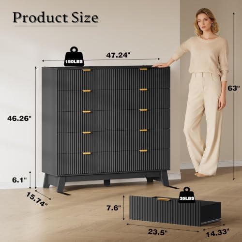 BORNOON 46" Tall Dresser for Bedroom, 10-Drawer Fluted Chest of Drawers, Modern Wood Highboy with Metal Slides and Handles, Anti-Tip Kit, Vertical Clothes Storage Organizer for Apartment, Closet - Image 2
