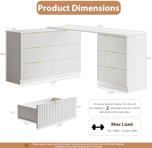 MAISONARIA L-Shaped Rotatable 9 Drawer Dresser for Bedroom, 71" Wide Deformable White Dresser with Gold Metal Handles, Modern Fluted Chest of Drawers for Bedroom, Living Room, Entryway, Hallway - Image 2