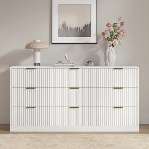 White 9 Drawer Dresser for Bedroom, 63" Wide Modern Fluted Chest of Drawers, Wooden Dresser with Gold Metal Handles, Mid Century Large Dresser TV Stand for Living Room Hallway - Image 6