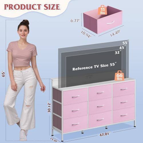 WLIVE Dresser TV Stand with LED Lights & Power Outlets for 55 Inch TV, Pink - Image 2