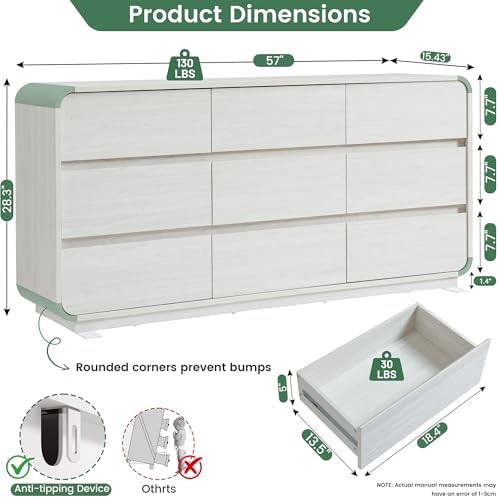 Standifurno White Dressers of 9 Drawers, Chest Dresser with Deep Drawers, Modern Dresser Closet for Bedroom, Curved Drawer with Large Storage, 57'' Wide - Image 2