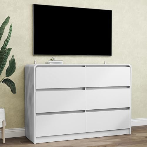 Vibe & Dine White 6 Drawer Dresser for Bedroom, Modern Wooden Dressers & Chests of Drawers with Arc Edge Design, 47" Wide Dresser for Closet, Living Room, Entryway - Image 7