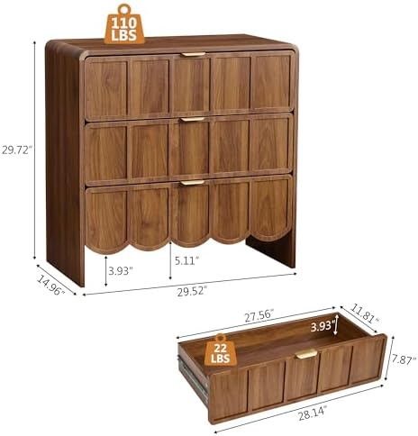 ORRD 3 Drawer Dresser for Bedroom, Modern Closet Chest of Drawers with Wave Fluted Drawer, Wood Storage Small Dresser Organizer for Nursery Bedroom Living Room Hallway Closet (Walnut) - Image 2