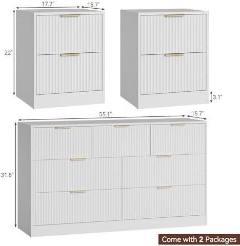 7 Drawer Dresser & 2-Drawer Nightstand Set 3-Piece, White丨55 Wide Bedroom Set Night Stand Set of 2 with Metal Handle, Fluted Wood Chest of Drawers Storage Dressers Set for Bedroom - Image 2