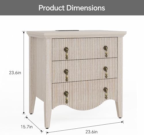 FUSUNBAO Fluted Nightstand with Charging Station & 3 Drawers,Nature Oak - Image 2