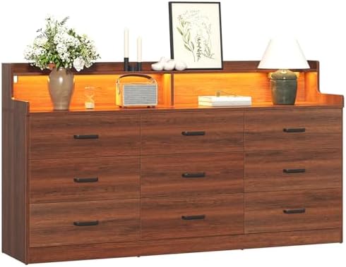 Bigbiglife 9 Drawer Dresser with Built in Power Outlet and LED Light, Modern Chest of Drawers for Bedroom, Triple Wide Drawer Organizer Cabinet for Living Room, Entryway, Hallway, Walnut Brown - Image 3