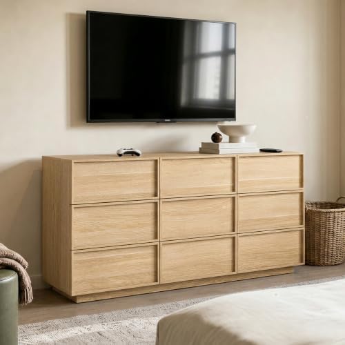 9 Drawer Dresser for Bedroom, 59.1" Wide Double Chest of Drawers with Storage, Wood Dresser TV Stand, Modern Closet Store Organizer for Living Room, Hallway, Nursery, Natural Oak - Image 3