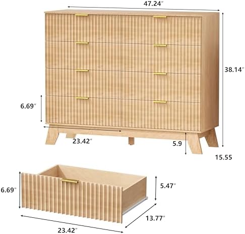 HUANLEGO 48" W Tall Fluted Dresser for Bedroom with 8 Drawer, Oak - Image 2