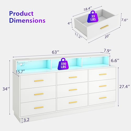 UNIQUITE White 9 Drawer Dressers for Bedroom, Modern Large Dresser with LED Light and Power Outlet, Wooden Long Dresser for Bedroom, Entryway, Hallway - Image 2