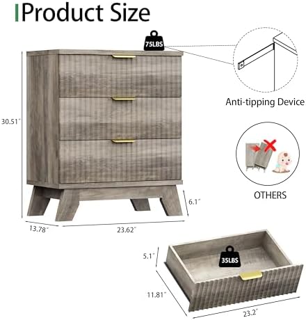Xixini Fluted Dresser for Bedroom with 3 Drawers, 24" Wide Modern Chest of Drawers with Metal Handle, Wooden Dresser TV Stand, Wood Closet Clothes Storage Organizer for Living Room, Hallway, Grey - Image 2