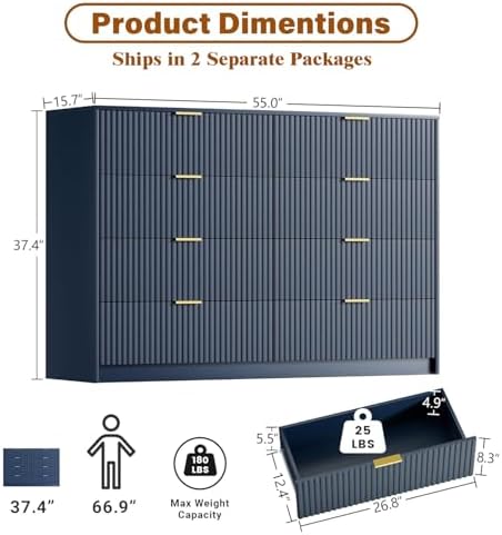 Furniway Navy Blue Dresser for Bedroom, Modern Dresser with 8 Drawers and Smooth Slides, Wide Chest of Drawers with Golden Handles for Bedroom, Closet, 15.7" D x 55" W x 37.4" H - Image 2