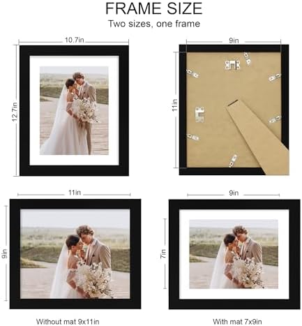Hongkee 9x11 Picture Frame Set of 4, Made of Real Glass and Black Frame - Display Picture 7x9 with Mat or 9x11 Without Mat, 9 by 11 Photo for Wall or Tabletop - Image 2