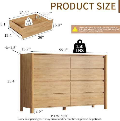 CHUWELL 55.1" Wide Oak 8 Drawer Dresser for Bedroom with Solid Wood Legs - Image 2