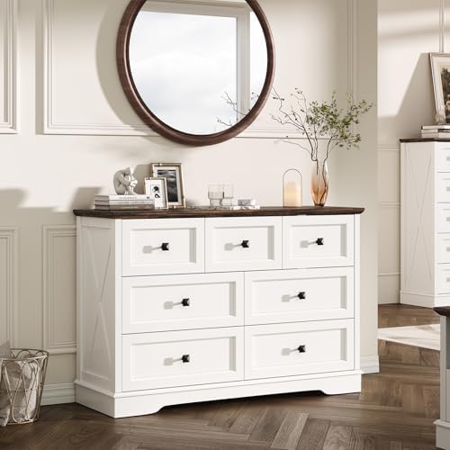 Farmhouse 7 Drawers Dresser for Bedroom with Charging Station,Wood Dressers by FFBCFDKFurnitureSet