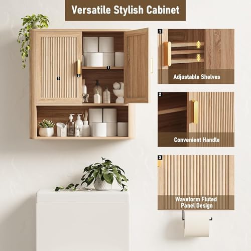 Bathroom Wall Storage Cabinet, Medicine Cabinet with Adjustable Wood Shelf & Doors, Over the Toilet Storage Cabinet Above Toilet Storage for Laundry Room & Living Room Kitchen Storage Islands (Oak) - Image 3