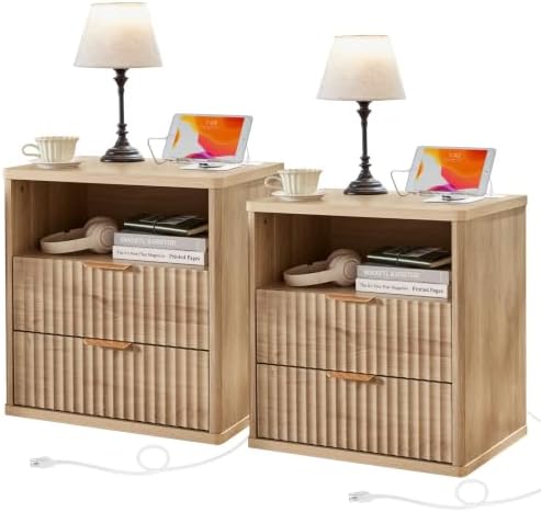 LEYAOYAO Fluted Nightstand Set of 2 with Charging Station,23" Modern Nightstand with Wood Grain Top, 2 Drawer End Table w/Storage, BedsideTable for Bedroom, Living Room, Natural by LEYAOYAO-Findtheshiningpointofyourideallife%EF%BC%81
