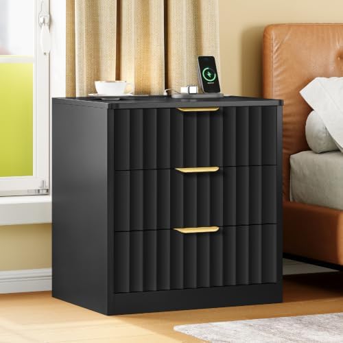 TEENFON Fluted Nightstands Set of 2, Night Stand with Charging Station and LED Light, Nightstand with 3 Storage Drawers, Bedside Table for Small Space, Bedroom, Black - Image 2