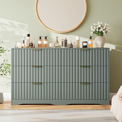 Fluted 6 Drawers Dresser for Bedroom, 55" Wide Wood Dressers, Green - Image 6