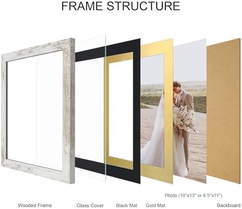Hongkee 10x13 Picture Frame Set of 4, Made of Real Glass and Distressed White Frame, 10 by 13 Photo for Wall or Tabletop - Display Picture 8.5x11 with Mat or 10x13 Without Mat - Image 3