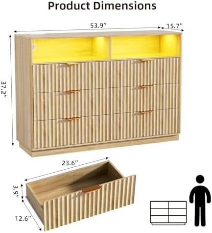 VOWNER Fluted 6 Drawers Dresser for Bedroom Chest of Drawers with 2 Shelves - Image 2