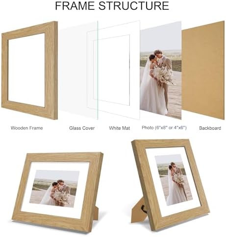 Hongkee 6x8 Picture Frame Set of 4, Made of Real Glass and Natural Oak Frame - Display Picture 4x6 with Mat or 6x8 Without Mat, 6 by 8 Photo for Wall or Tabletop - Image 3