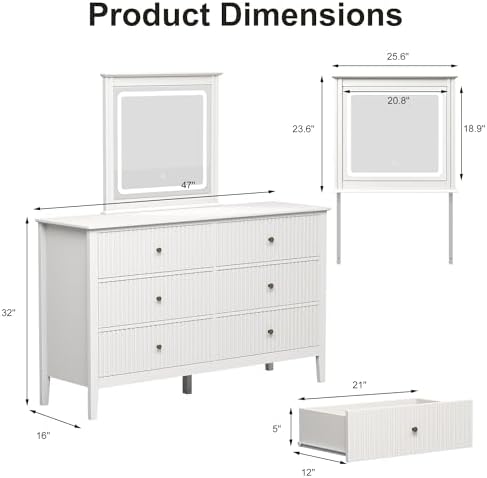 RoyalCraft 6 Drawer Dresser with Lighted Mirror, White Fluted Modern Wood Chest of Drawers, Long Dresser for Bedroom Storage - Image 2
