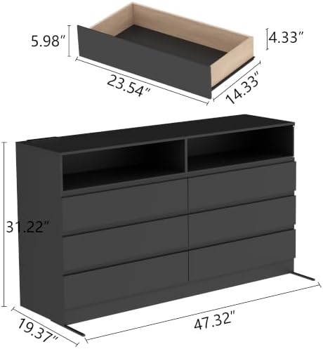 Gyfimoie Black 6-Drawer Dresser for Bedroom w/Power Outlet and LED Light - Image 2