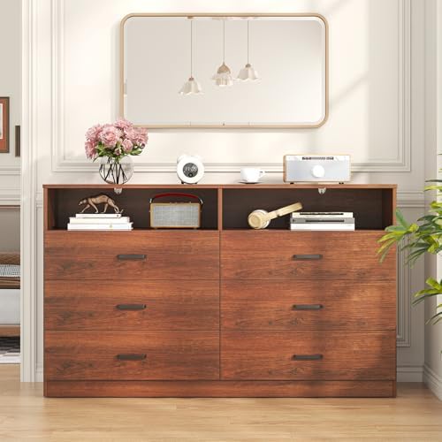Bigbiglife 6 Drawers Dresser for Bedroom Wooden Drawer with Open Storage Cubby, Double Wide Dresser Organizer for Bedroom, Living Room, Entryway, Hallway (Walnut Brown) - Image 2