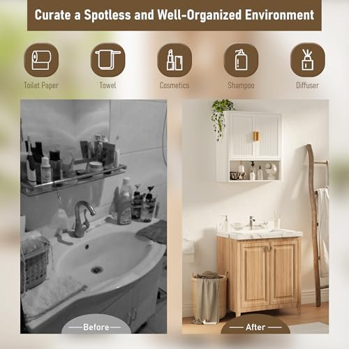 INNOD Bathroom Wall Cabinet, Wall-Mounted Medicine Cabinet with Adjustable Wood Shelf & Doors, Floating Bathroom Cabinet Over Toilet for Laundry Room & Kitchen & Living Room (White) - Image 4