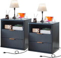 LEYAOYAO Fluted Nightstand Set of 2 with Charging Station,23" Farmhouse Nightstand with Woodgrain Top,Blue 3 Drawer End Table w/Storage, BedsideTables for Bedroom, Living Room, Curved Profile by LEYAOYAO-Findtheshiningpointofyourideallife%EF%BC%81