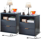 LEYAOYAO Fluted Nightstand Set of 2 with Charging Station,23" Farmhouse Nightstand with Woodgrain Top,Blue 3 Drawer End Table w/Storage, BedsideTables for Bedroom, Living Room, Curved Profile by LEYAOYAO-Findtheshiningpointofyourideallife%EF%BC%81