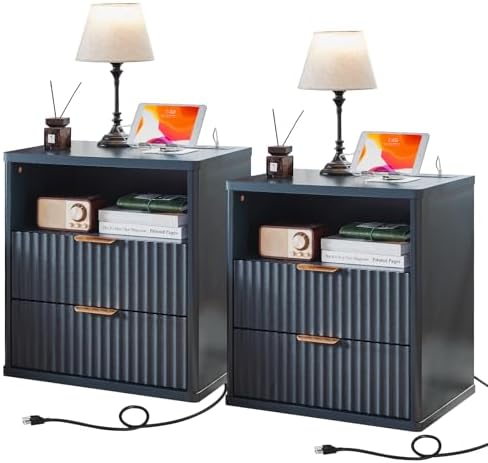 LEYAOYAO Fluted Nightstand Set of 2 with Charging Station,23" Farmhouse Nightstand with Woodgrain Top,Blue 3 Drawer End Table w/Storage, BedsideTables for Bedroom, Living Room, Curved Profile by LEYAOYAO-Findtheshiningpointofyourideallife%EF%BC%81