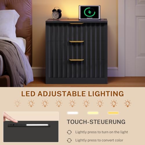 TEENFON Fluted Nightstands Set of 2, Night Stand with Charging Station and LED Light, Nightstand with 3 Storage Drawers, Bedside Table for Small Space, Bedroom, Black - Image 6