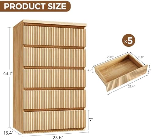 Fluted 5 Drawer Dresser for Bedroom, 43" Tall Dresser for Bedroom, Modern Fluted Chest of Drawers, Handle-Free/Floor-Mounted Wood Drawer Dresser for Living Room, Bedroom, Entryway, Hallway (Oak) - Image 2