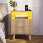 VIAGDO Fluted Nightstand with Charging Station and LED Lights, Modern Night Stand with 2 Drawers and Open Storage Cabinet, Bed Side Table with Gold Metal Handle for Bedroom, Natural Oak by VIAGDO
